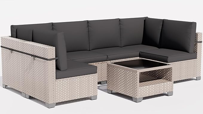 14 Pieces Patio Furniture Set, Outdoor Sectional Wicker Sofa with Thick Cushions and Storage Coffee Table, Rattan Patio Conversation Sets for Deck Yard Poolside, Black