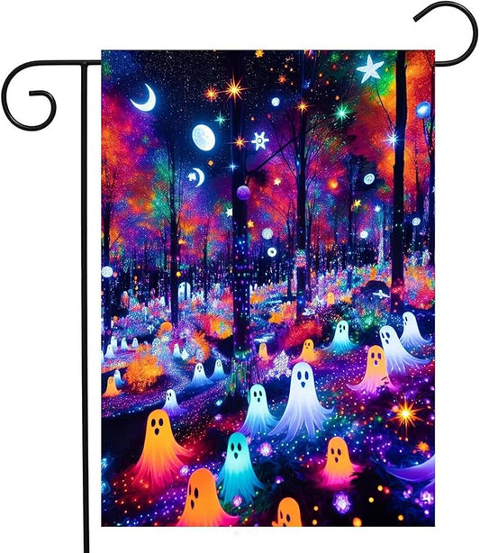 Fantasy Forest Colorful Ghosts Halloween Moon and Stars Garden Yard Flag 12"x 18" Double Sided Polyester Welcome House Flag Banners for Patio Lawn Outdoor Home Decor