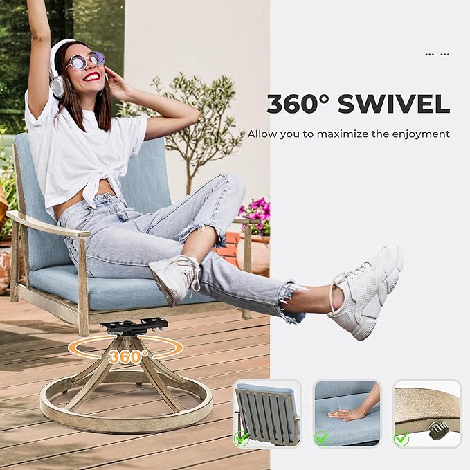 HAPPATIO 5-Piece Outdoor Dining Set for 4, Aluminum Patio Dining Set Includes 1 Large Square Table with Umbrella Hole, 2 Swivel Dining Chairs, and 2 Dining Chairs, for Lawn, Porch, Backyard (Brown)