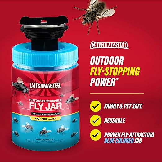 Catchmaster Outdoor Reusable Fly Traps Outdoor with Bait Included – 3 Non-Toxic, Pet Safe Hanging Fly Jars – Bug Catchers for Yard, Patio & Trash – Sets Up in Seconds