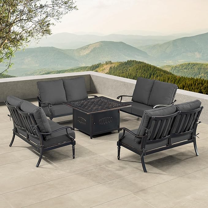 Oakland Living Black Aluminum Patio Fire Table Set with Four Deep Seating Loveseat with Cushions with Black Cushions