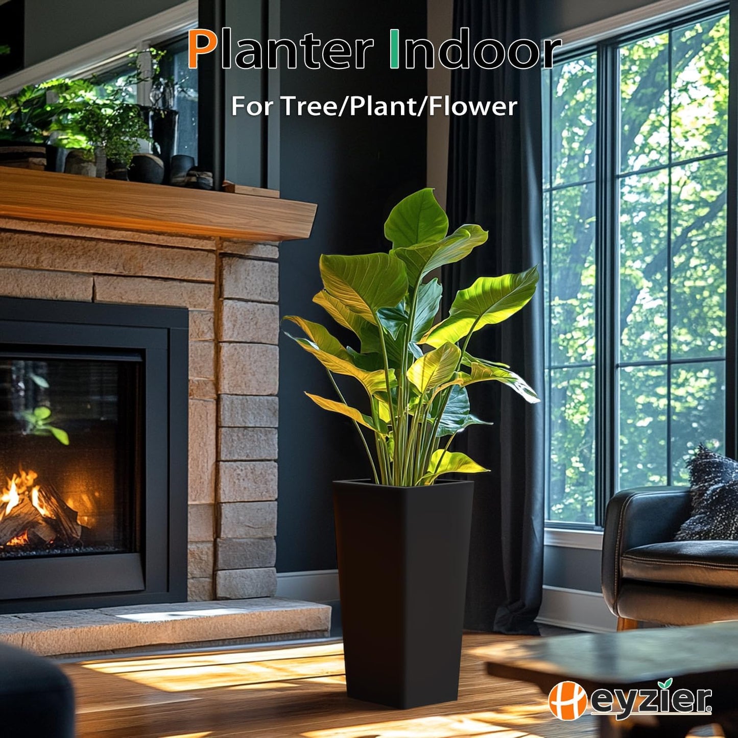 Tall Planters for Outdoor Plants, Large Resin Flower Pots for Garden, Front Porch, Patio, Indoor - Set of 2 (Black, 27.5 inch - 2 Pack)