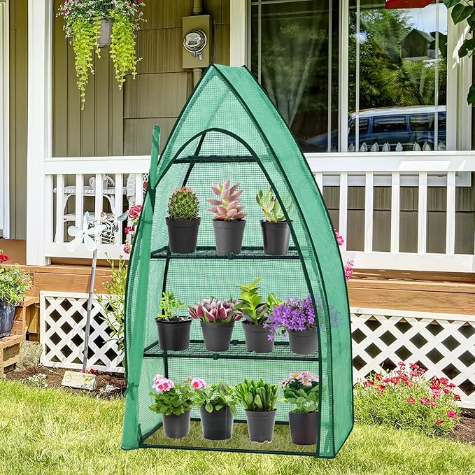EAGLE PEAK Mini Greenhouse with Wire Shelves, Portable Indoor & Outdoor Green House with Roll-Up Zipper Door, 4 Tier, 35.4”x17.7”x63.0”, Clear/Green PE Cover