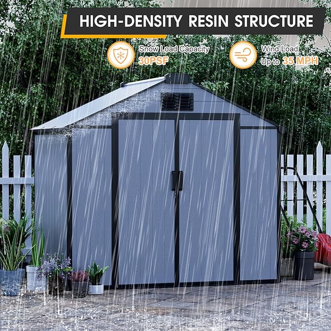 8 x 6 FT Resin Outdoor Storage Shed, All-Weather Plastic Garden Shed with Floor, Lockable Doors & Windows, Plastic Tool Shed for Poolside, Backyard, Patio