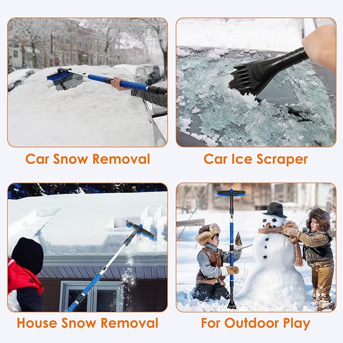 AstroAI 62.4" Ice Scrapers for Car Windshield and Extendable Snow Scraper with Foam Grip and 360° Pivoting Brush Head for Christmas Car Auto Truck SUV(Blue)