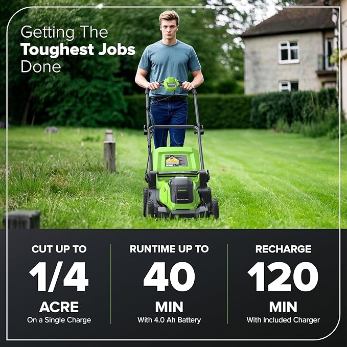 Greenworks 40V 17” Brushless (Push) Cordless Lawn Mower, 4.0Ah Battery and Charger