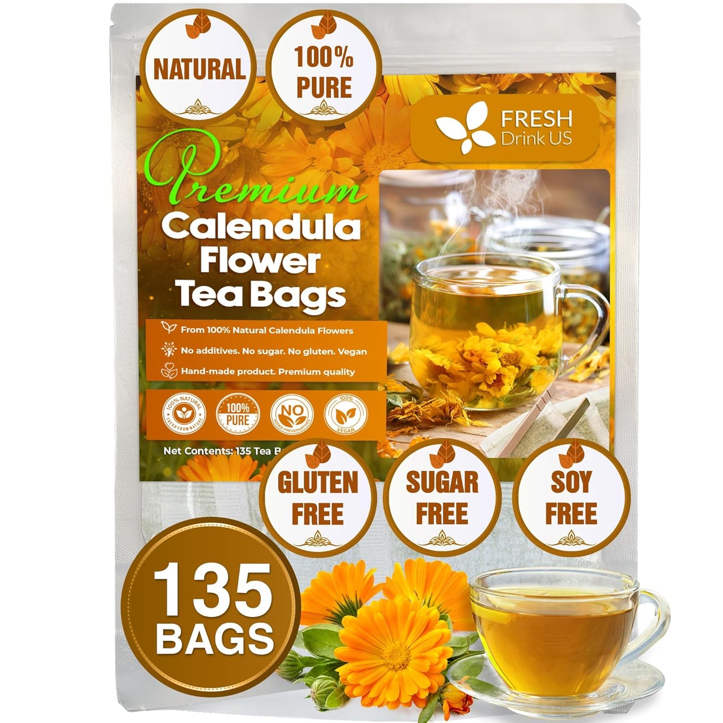 FRESHDRINKUS Premium 100% Natural Calendula Flower Tea Bags, 135 Count, Herbal Tea, Caffeine Free, Sugar Free, Gluten Free, Vegan