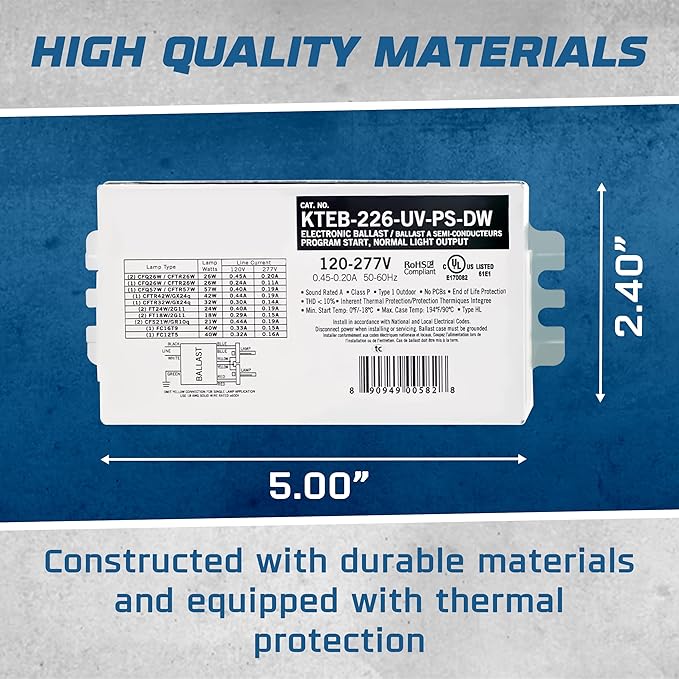 OHLECTRIC Replacement for Keystone KTEB-226-UV-PS-DW | 2 Lamp Compact Fluorescent Electronic Ballast | 26 Watts & 120-277V Input | High Power Factor & Program Start | UL Listed