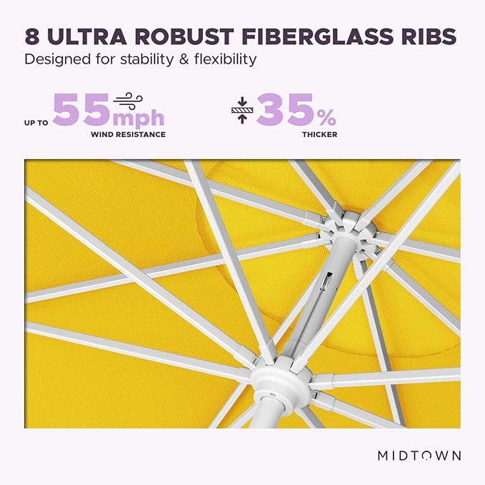 Midtown Umbrellas The Swilt 9 Feet Patio Umbrella in Terylast Sunflower (Yellow) Polyester Fabric - Fiberglass Ribs, Auto-Tilt Aluminum Frame For Backyard, Deck, Garden, Pool - White Pole