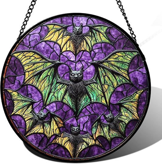 Stained Glass Window Hanging - Halloween Decorations Bats Suncatcher for Doors Garden Indoor Spooky Funny Purple Sun Catchers Gothic Decor Horror Gifts for Women Men Friend 6.3 in