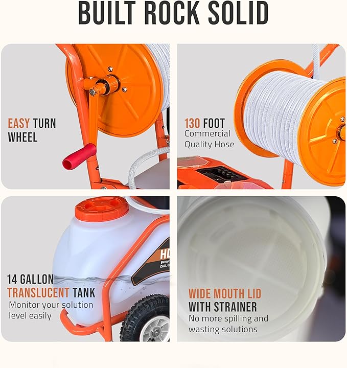 PetraTools 14 Gallon Push Cart Battery Powered Sprayer - Weed Sprayer for Lawn & Garden with 7 Nozzles, 90 PSI Electric Pump, Off Road Wheels, Battery Operated (HD14000 Prime - Large Cart)