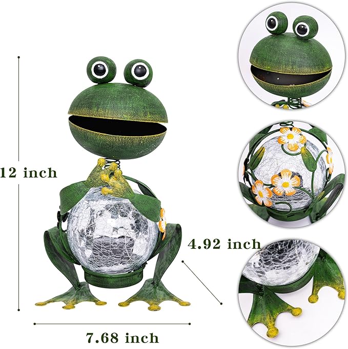 Topadorn Frog Garden Statue with Solar Lights, Outdoor Garden Metal Weatherproof Solar Frog Light Decor for Yard, Patio, Lawn, or Porch, 12" H, Gardening Ornaments Gifts