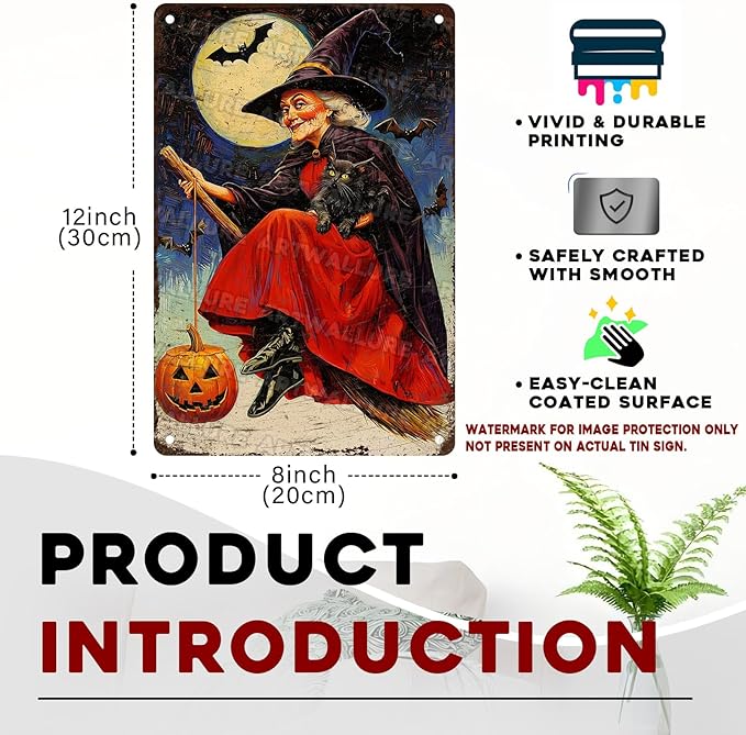 Witch Flying Broom Vintage Sign Halloween Cat Metal Tin Sign Full Moon Bat Pumpkin Poster 8x12inch