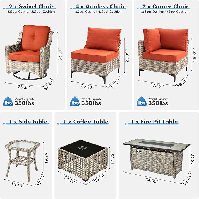 HOOOWOOO Outdoor Patio Furniture Set with Fire Pit Table,11 Pieces Wicker Out Door Sectional Furniture L Shaped Couch,Outside Patio Conversation Swivel Chair Sets,Brick Red