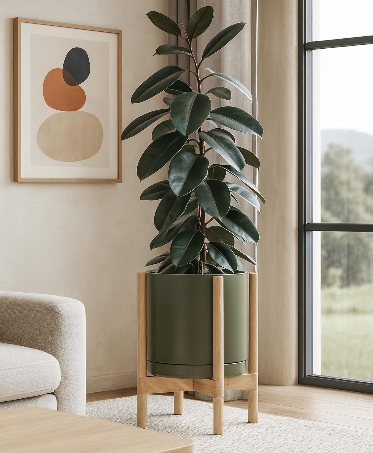 D'vine Dev Ceramic Planter with Natural Stand - 12 Inch Modern Round Flower Pot with Wood Planter Holder, Olive, 55-B-J-J