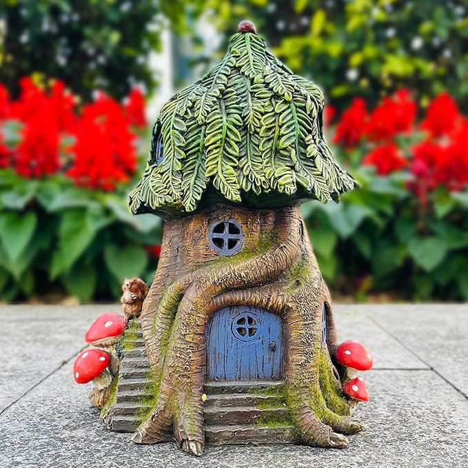 COWOS Solar Light Fairy Tree House, Fairy Garden House Statues,Tree House Figurines with Solar Light for Indoor Outdoor Art Decorations, Patio Yard Lawn Ornaments Gift