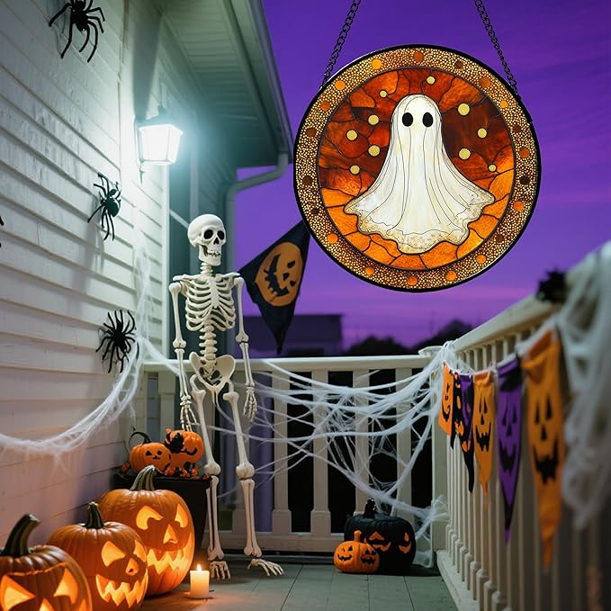 Stained Glass Window Hanging - Halloween Decorations White Ghost Suncatcher for Doors Garden Indoor Spooky Funny Orange Sun Catchers Gothic Decor Horror Gifts for Women Men Friend 9.8 in