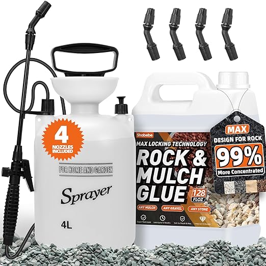 Rock Glue, 1Gallon Mulch Glue for Landscaping with Sprayer, Fast-Dry Strong Pea Gravel Stabilizer Landscape, Non-Toxic Long-Lasting Dries-Clear Strong Pea Gravel Binder for Pebble Pine Outdoor Garden