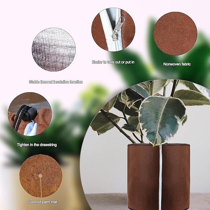 2Pcs Plant Pot Protection Cover for Winter - Flower Pot Protection Bag, Thermal Pot Protector with Coir mat for Outdoor Potted Plants Flowers Shrubs Trees Keep Warm (Dia 17.7 inch x 25.6 inch H)