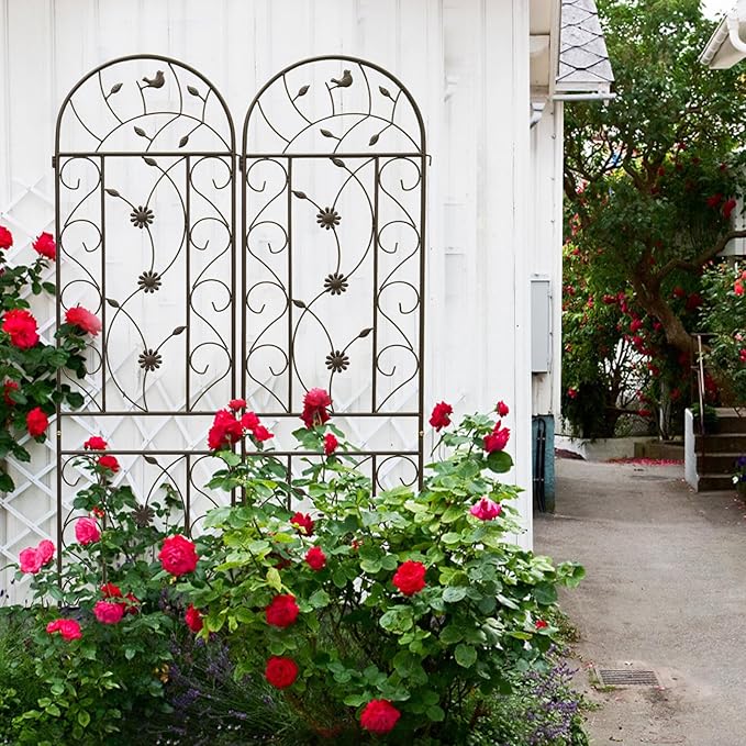 2 Pack Metal Garden Trellis for Climbing Plant Rose Stand, Brown Outdoor 86.7'' Tall Flower Support Iron Garden Fence, Brown