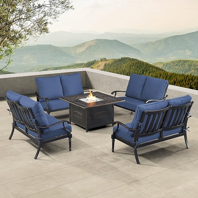 Oakland Living Black Aluminum Patio Fire Table Set with Four Deep Seating Loveseat with Cushions with Blue Cushions