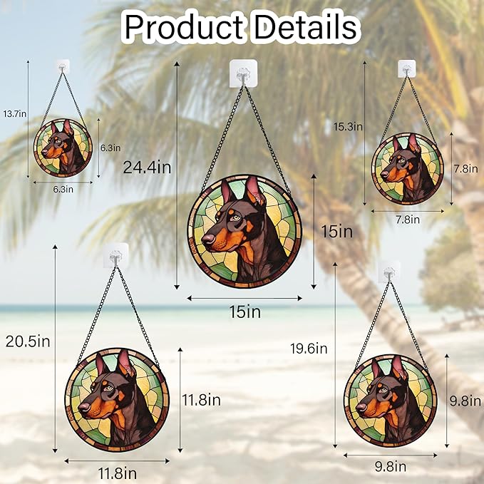 Stained Glass Window Hanging - Funny Dark Brown Doberman Pinscher Suncatcher for Door Terrace Garden Home Decor, Pet Dog Sun Catcher Birthday Gifts for Lovers Women Men Dad Mom Nana 15 in