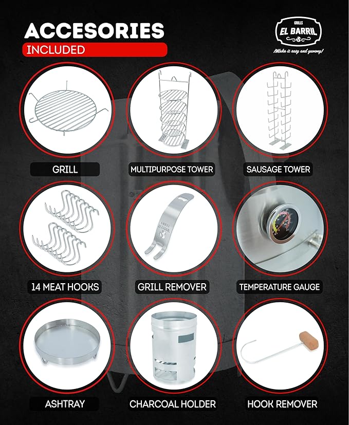 EL BARRIL 45lbs Grill & Smoker Barrel, Stainless Steel Charcoal Smoker Grill – Portable Outdoor Smokers with Even Heat Distribution & Grilling Accessories