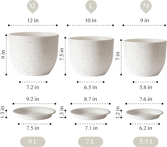 Giraffe Creation 12/10/9 Set of 3 Speckled White Plant Pots, Modern Indoor & Outdoor Planters with Drainage Holes and Saucers