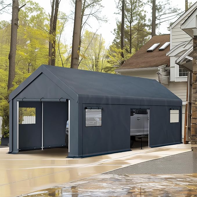 MFSTUDIO Outdoor Carport 13x24 ft, Portable Storage Sheds Shelter Garages Heavy Duty Canopy with Rolled up Zipper Doors and Sidewalls, Outside Utility Shed Garage Car Tent for Boat Truck and Tools