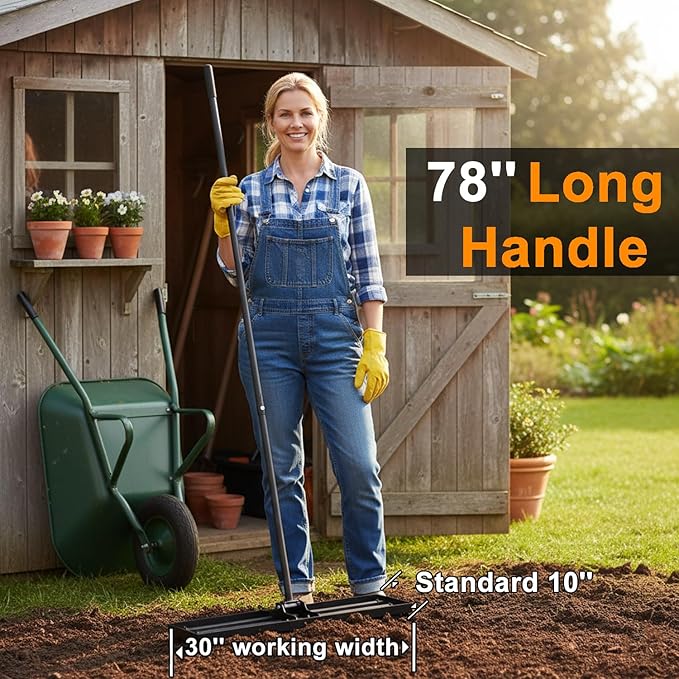 30" Heavy Duty Lawn Leveling Rake, 6.5FT Soil Leveler Tool, with 4 Spiked Wheels & Smooth Roller, Landscaping and Restoration Soil Sand Dirt Surfaces, for Garden Yard Farm Golf Course