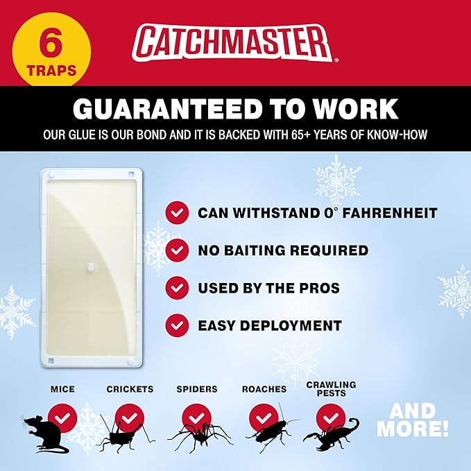 Catchmaster Freeze Resistant Glue Traps 6PK Mouse Traps Indoor for Home, Pest Control Tray for Rodents, Bugs & Crickets, Cold Weather Glue Board for House, Shed & Garage