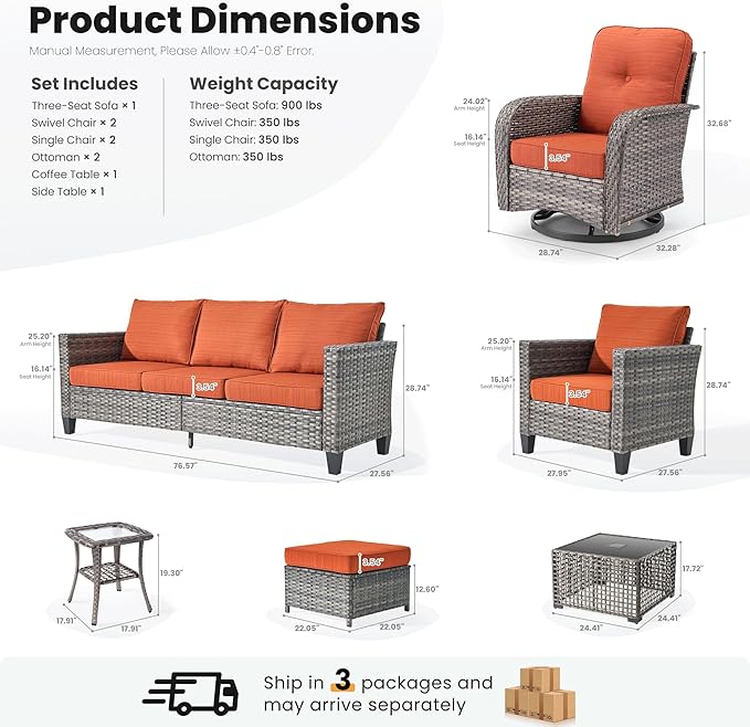 ovios 9 Pieces Patio Furniture Set, Outdoor Wicker Sofa Couch with Rocking Swivel Chairs Solar Lights Table, Modern Deep Seat Rattan Conversation Sets for Porch Deck, Orange Red
