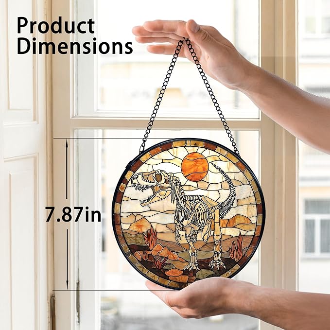 TNUW Dinosaur Skeleton Stained Glass Window Hanging, Prehistoric Dino Fossil Sunset Landscape SunCatchers Indoor Window Glass Round Wall Art Decor, Dinosaur Wall Hanging Decorations, 7.9＂x7.9＂