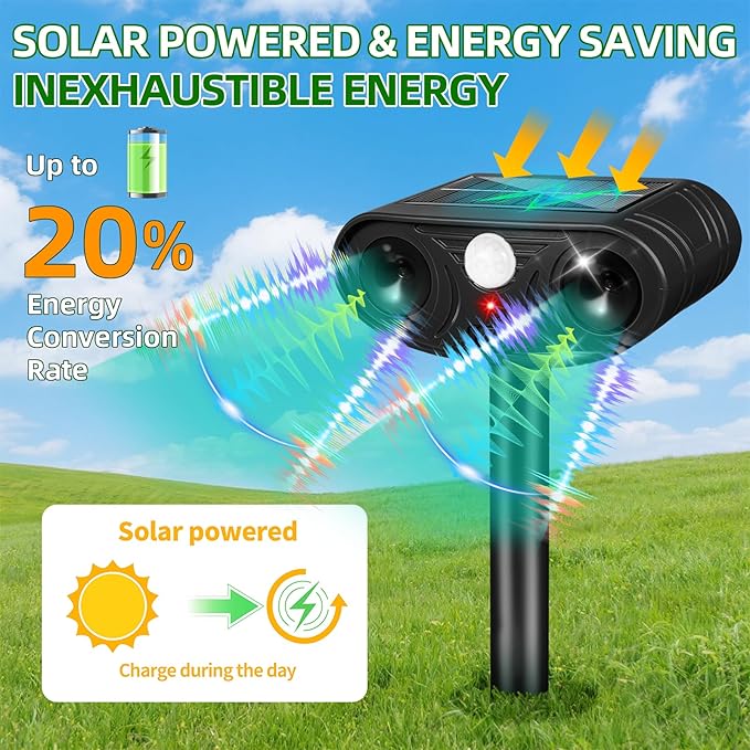 Solar Ultrasonic Animal Repellent Outdoor, Deer Repellent Devices, Waterproof Cat Rabbit Repeller with Motion Detection Flash Light to Deterrent Squirrel Dog Skunk Raccoon for Garden Yard Farm(4Pack)