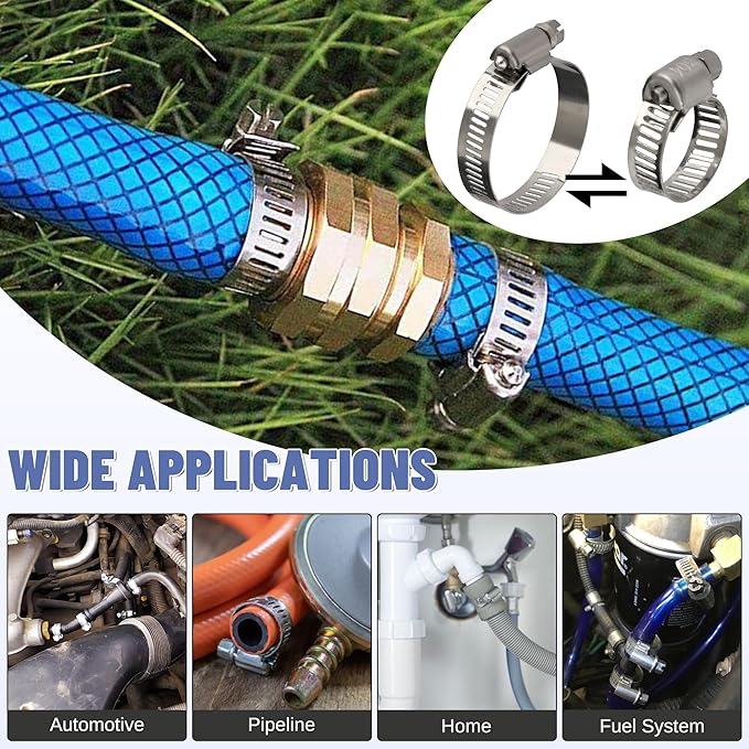 Hose Clamps Assortment Kit, Worm Gear Duct Pipe Hose, 50FT 304 Stainless Steel Band Fittings Strap DIY Large Adjustable Metal Bolt with 24 Fasteners Screw for Plumbing Auto Tube Fuel Line