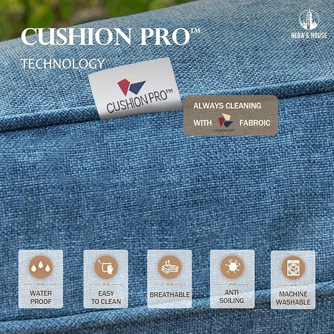 HERA'S HOUSE 6 Piece Patio Furniture Set, 4 x Fixed Metal Cushioned Chair, 1 x 3-Seat Sofa with Marbling Coffee Table, All Weather Outdoor Conversation Set for Lawn Garden Backyard, Navy Blue