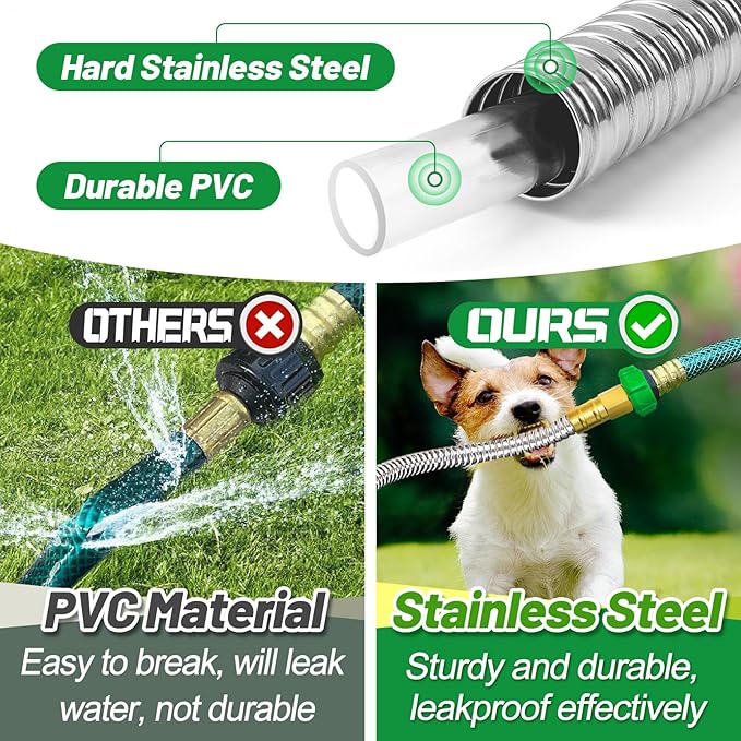 Garden Hose with Female to Female Connector - 50ft Metal Leakproof Leader Hose for Reel, Heavy Duty 304 Stainless Steel Flexible Water Pipe for Outdoor Garden Watering Car Pet Cleaning