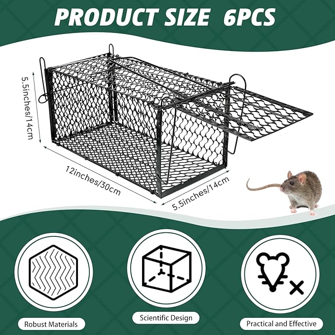 Qualirey 6 Pcs Humane Rat Trap Small Chipmunk Mouse Squirrel Cage Rodent Animal Voles Hamsters Cage Catch and Release Trap for Home Garden Indoor Outdoor(Black,12 x 5.5 x 5.5 Inch)