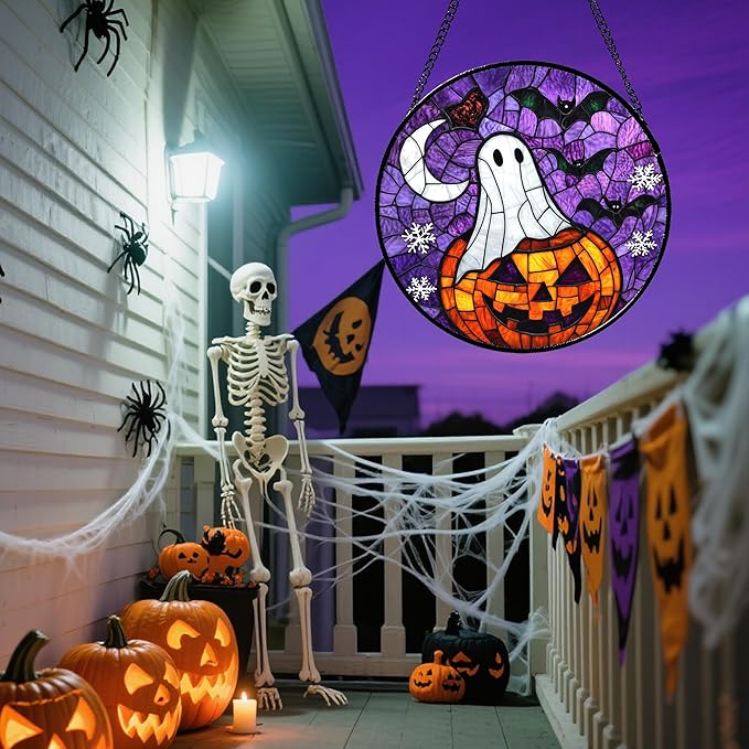 Stained Glass Window Hanging Halloween Horror Pumpkin 9.8" - Suncatcher Door Garden Sunroom Gothic Style Ghost Bat Sun Catcher Birthday for Friend Mom Men Woman Nana