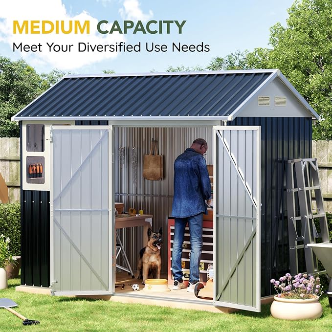 Breezz 6X8FT Outdoor Steel Storage Shed with Frame Floor,Clear Window, Lockable Doors, Weather-Resistant Metal Tool Shed for Garden, Backyard, Patio, and Utility Storage,Nightblue