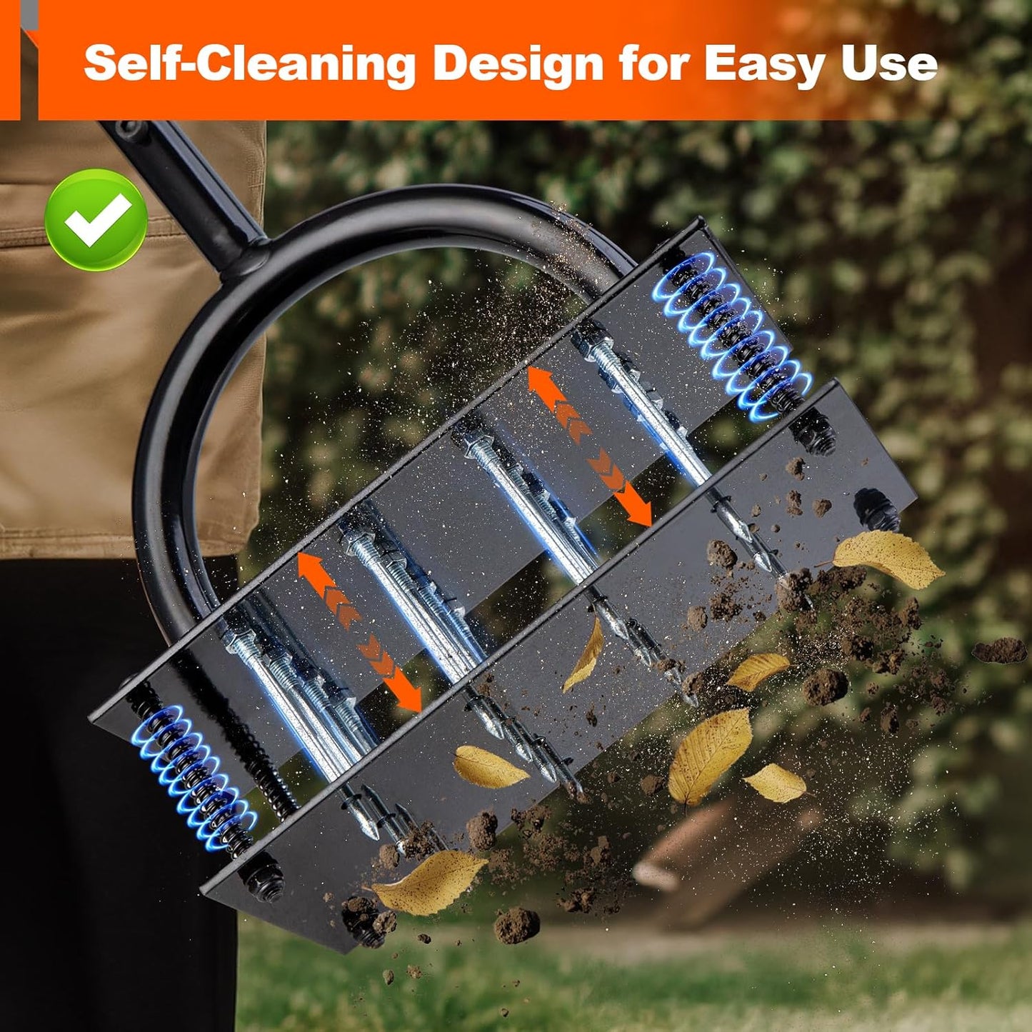 Bluesea Lawn Aerator Tool - 16 Iron Spikes with Ergonomic T-Handle, Automatic Dirt Clean for Soil Loosening & Yard Aeration, Manual Metal Grass Aerator (Black - Orange)