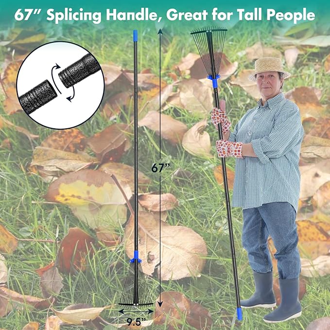 Rake, Leaf Rake with Expandable Head,18 Teeth, Adjustable 53 Inch Long Handle, 17 Inch Wide, Heavy Duty Collapsible Yard Rakes for Lawn Flowers Beds Gardening