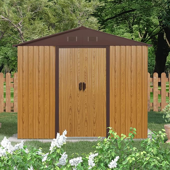 Outdoor Storage Shed, 8x4ft Metal Storage Shed with Vents and Metal Foundation, Lockable Sliding Door, All Weather Tilted Roof Tool Shed for Backyard, Patio, Lawn, Coffee