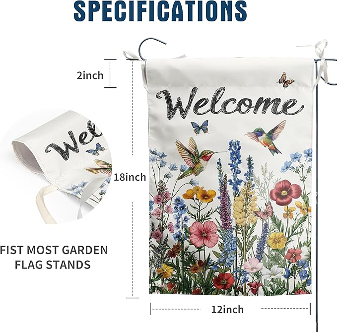 Spring Hummingbird Garden Flags Floral Summer banner for Outside 12x18 Double Sided Wildflower Yard Signs Small Outdoor Seasonal Decorative