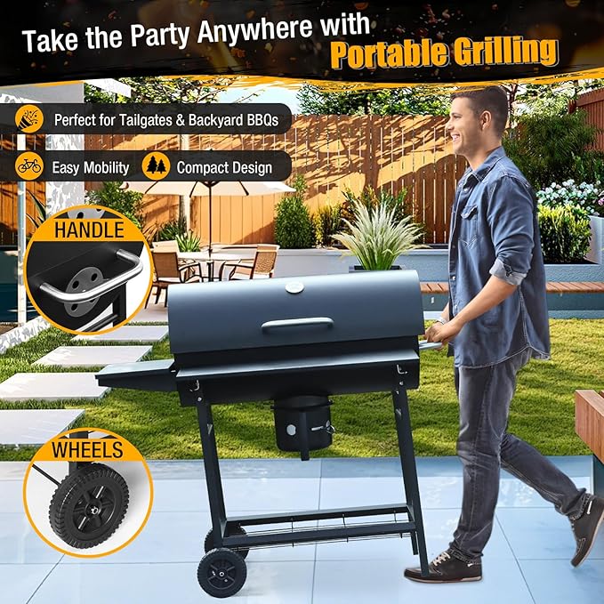 Charcoal BBQ Grills Outdoor: Spacious Barrel Barbecue Grill with Side Front Table - Premium BBQ Smoker Combo for Backyard Cooking Patio Grilling Tailgating Party Camping Picnic