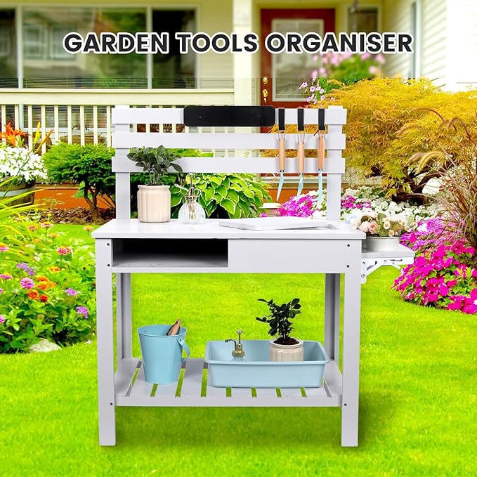 Kids Potting Bench Table Outdoor Garden Table Wooden Work Station Outdoor Garden Work Bench Platform with 3 Side Hook Shelf Natural Wood White Grey Gift for Boys Girls