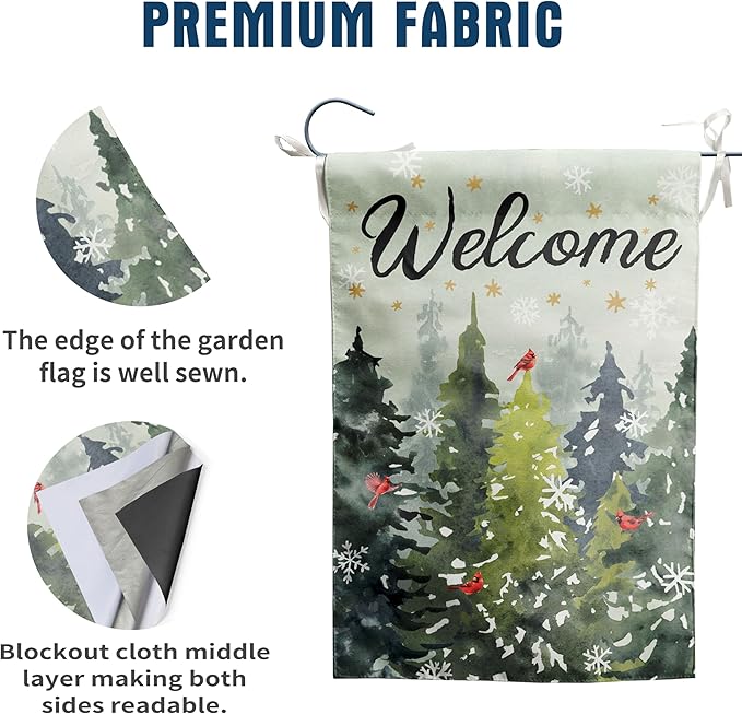 Welcome Winter Garden Flag Pine Tree Flag Snowy Forest Red Birds Cardinals Flag 12x18 Double Sided Outdoor Christmas Farmhouse Decorations Seasonal Yard Flags