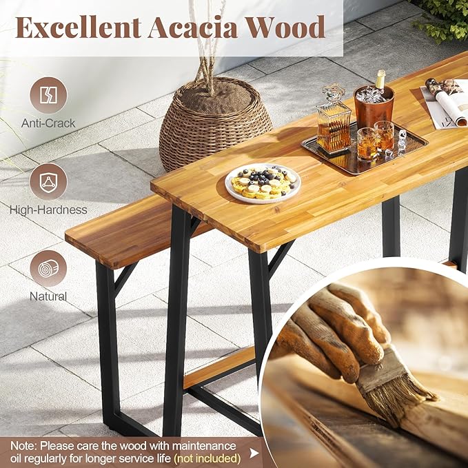 Tangkula Acacia Wood Picnic Table, 4-Person Outdoor Rectangular Table and Bench Set with 2 Built-in Benches, Footrests, Umbrella Hole, Heavy-Duty Metal Frame for Backyard, Poolside, Garden (Natural)