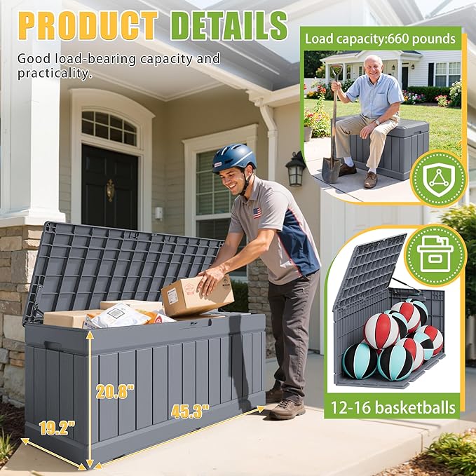 Greesum 82 Gallon Resin Deck Box Large Outdoor Storage for Patio Furniture, Garden Tools, Pool Supplies, Weatherproof and UV Resistant, Lockable, Grey