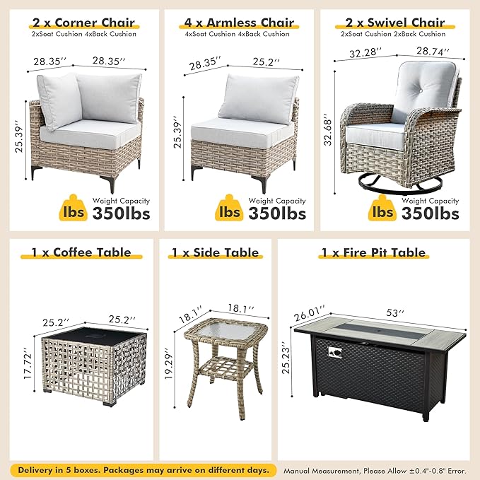 Outdoor Sectional Patio Furniture Set with Fire Pit Table and Swivel Rocking Chairs,11 Pieces Wicker Conversation Sets L Shaped Couch Out Door Sofa Outside Furniture for Garden Deck Yard,Grey